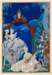 Mondschein. Eine schöne Frau spielt Mandoline. Ein Faun sitzt neben ihr. Ein Harlekin. Alles in einer Landschaft. von Georges Barbier
