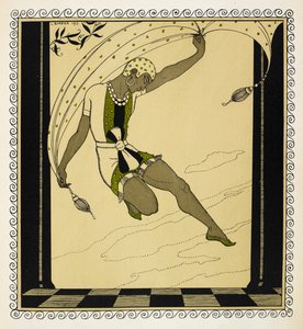„Cleopatra“. Eine Tänzerin aus Anton Arenskys Produktion von 1909, die ein kurzes weißes, grünes und schwarzes Outfit trägt, das an der Taille gebunden ist, grüne Schuhe und einen weißen gemusterten Hut.
