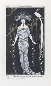 Großes Abendkleid aus Silberbrokat. Blaue Perücke, Federn, aus Costumes Parisiens, veröffentlicht 1914
