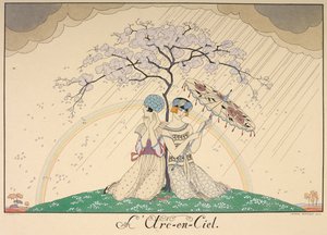 Der Regenbogen. Zwei Frauen, die sich unter einem Baum vor dem Regen schützen, im Hintergrund ist ein Regenbogen zu sehen