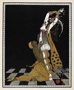 Nijinsky als der Goldene Sklave in Sheherazade, einer symphonischen Suite von Nikolai Rimsky-Korsakov, 1888. Er kniet vor Sheherazade, beide in arabischen Kostümen.