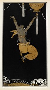 Nijinsky als der goldene Sklave in Sheherazade, einer symphonischen Suite, komponiert von Nikolai Rimsky-Korsakov im Jahr 1888. Nijinsky ist in der Luft, mitten im Sprung.
