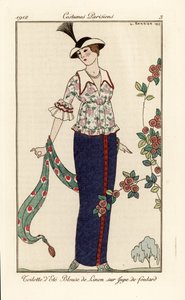 Sommeroutfit mit Blumenleinenbluse und Foulardrock von Georges Barbier