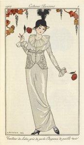 Tailleur de satin gris de perle, chapeau de paille noir von Georges Barbier