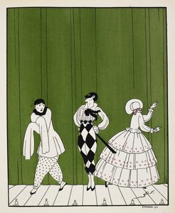 Drei Charaktere aus dem Ballett von 1910, Carnaval, komponiert von Robert Schumann. Links ein Pantomime. In der Mitte ein Mann, gekleidet in ein weißes Hemd mit schwarzer Krawatte und karierten Hosen, mit einer Maske. Rechts eine Frau, die rückwärts schaut