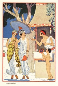 Zwei Frauen kaufen an einem Parfümstand im antiken Griechenland ein. 1928 (Druck)