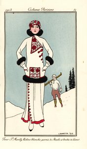 Frau im Outfit für St. Moritz in weißem Fries mit Skunkbesatz und Wollstickerei