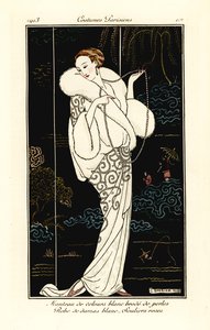 Frau im Samtumhang, Damastkleid und rosa Pantoffeln von Georges Barbier