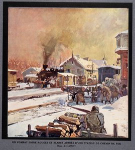 Ein Kampf zwischen der Roten und Weißen Garde an einem Bahnhof, aus Histoire des Soviets, veröffentlicht 1922 von Georges Carrey