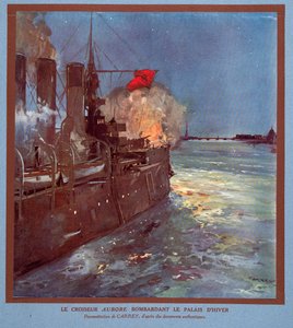 Der Kreuzer Aurora feuert auf den Winterpalast, aus Histoire des Soviets, veröffentlicht 1922 von Georges Carrey