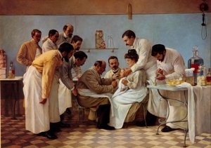 Medizin: „Die Intubation“, Einführen eines Schlauchs bei einem Kind mit Diphtherie, Gemälde von Georges Chicotot von Georges Chicotot