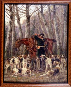 Beladung eines während einer Pferdejagd erlegten Hirsches - Zeichnung von Georges La Roque, ca. 1900