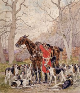 Verladen eines während einer Pferdejagd erlegten Hirsches - Zeichnung von Georges La Roque, um 1900