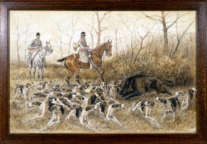 Hunderudel um einen Wildschwein bei einer Jagd - Zeichnung von Georges La Roque, ca. 1900 von Georges La Roque
