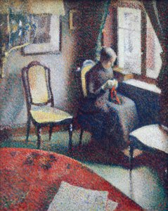 Frau, die am Fenster näht