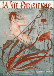 Meerjungfrau im Fischernetz gefangen, Illustration aus "La Vie Parisienne"