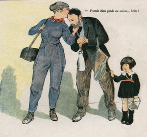 Kümmere dich um das Kind... oder? Illustration von Georges Paul LEONNEC (1881-1940) in „La Baionnette“ vom 15. November.