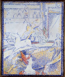 Zirkus. Eine Tänzerin macht eine akrobatische Nummer auf dem Pferd und ein Clown von Georges Pierre Seurat
