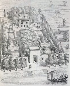 Ansicht einer ägyptischen Villa am Nil, Rekonstruktion von Chipiez, aus Geschichte der Kunst im Altertum (Ägypten, Assyrien, Persien, Kleinasien, Griechenland, Etrurien, Rom)