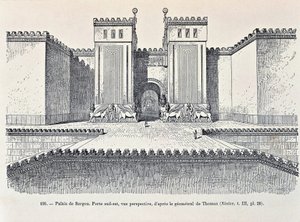 Rekonstruktion des südöstlichen Tores des Palastes von Sargon in Dur-Sharrukin (Radierung) von Georges and Chipiez Charles Perrot