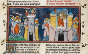 Die Hunnen plündern Orléans, Agnans Gebet, aus Chroniques de France ou de St Denis, 14. Jahrhundert