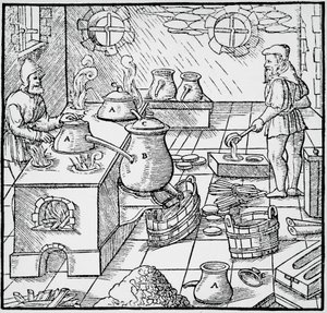 Gravur aus De re metallica (Über die Natur der Metalle), von Georg Pawer oder Georgius Agricola (1494-1555), veröffentlicht in Basel von Georgius Agricola