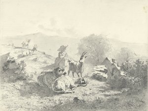 Hirtin mit Ziegen und Schafen in bergiger Landschaft