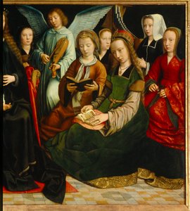 Die Jungfrau unter den Heiligen. Detail der Heiligen: Heilige Apolline, Heilige Godeline, Heilige Cäcilia, Heilige Barbara, Heilige Lucia. Gemälde von Gerard David von Gerard David