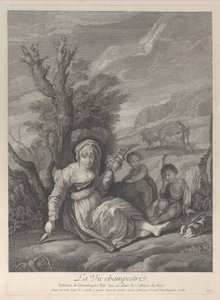 Eine Landfrau sitzt in einer Landschaft mit zwei Jungen an ihrer Seite, 1729-40 von Gerard Jean Baptiste Scotin