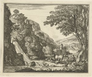 Hirte mit Tieren bei einem Wasserfall von Gerard Melder