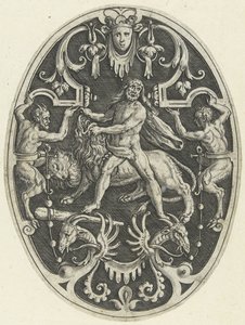 Flächendekoration: Herkules und der nemeische Löwe (Ovale Flächendekorationen mit den Taten des Herkules in Grotesken) von Gerard de Jode