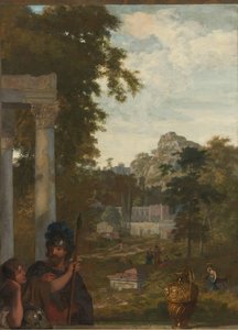 Italienische Landschaft mit zwei römischen Soldaten (Dekoration für ein Zimmer im Haus von Jacob de Flines in Amsterdam) von Gerard de Lairesse