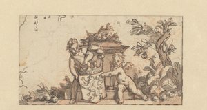 Entwurf für ein Vignette mit zwei Putti mit dem Wappenschild von Holland von Gerard de Lairesse