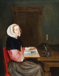 Ein Interieur mit einer Frau, die an einem Tisch sitzt und ein Buch hält von Gerard ter (after) Borch or Terborch