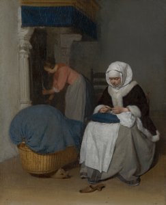 Frau näht neben einer Wiege von Gerard ter Borch