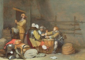 Soldaten spielen Karten in einem Wachraum