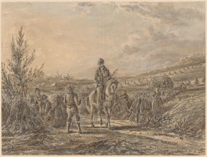 Landschaft mit Reiter zwischen erntenden Bauern