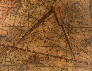 Terrestrischer Globus, Detail des Pazifischen Ozeans mit einem großen Paar Zirkel von Gerardus Mercator