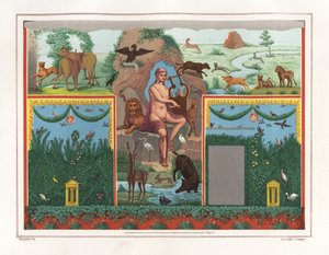 Wandgemälde von Orpheus mit Lyra aus dem Viridarium (Garten) des Hauses des Vesonius Primus, eines Walkers. Er ist umgeben von Tieren, darunter ein Löwe, Puma, Wildschwein, Hirsch, Kaninchen und blauer Flamingo. Chromolithographie von Victor Steeger nach e von Geremia Discanno