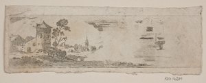 Probedruck einer Landschaft mit Burg und Kirche von Gerhard Ludvig Lahde