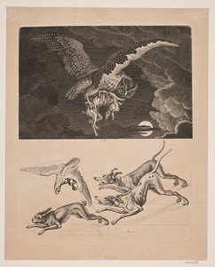Tafel mit Eule, die mit Hase fliegt, darunter; Hunde, Hase und Jagdfalke von Gerhard Ludvig Lahde