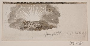 Vignette mit den Wappen der drei nordischen Reiche in Wolken vor der Sonne