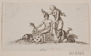 Vignette mit Frau, sitzendem jungen Mann und Einhorn
