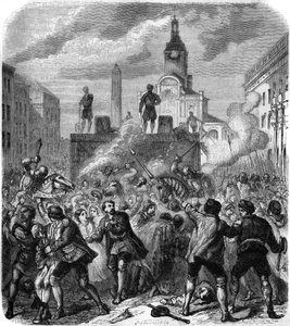 Stockholmer Blutbad, Massaker an schwedischen Widerstandsführern auf Befehl von König Christian II. von Dänemark, 8. November 1520: Die Armee versucht, den Zorn der Bevölkerung zu beruhigen, die gezwungen ist, den Hinrichtungen zuzusehen. Gravur von Gerlie