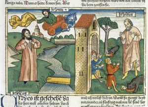 Elia fährt im Wirbelsturm in den Himmel und die Jungen, die Elischa verspotteten, werden von Bären gefressen, aus der Nürnberger Bibel (Biblia Sacra Germanaica) von German School