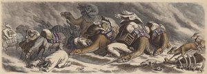 Eine Karawane in einem Sandsturm in der Sahara (kolorierte Gravur)