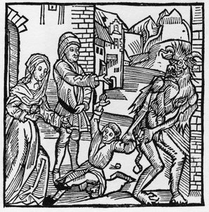 Ein Teufel nimmt ein Kind vor den Augen seiner Eltern, die es durch einen Pakt versprochen hatten - In „Der Ritter von Turn“ von Ritter Marquard vom Stein