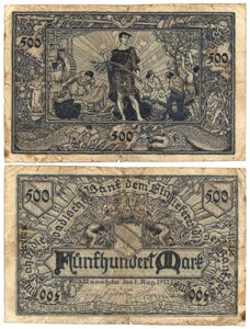 Eine Fünfhundert-Mark-Banknote, 1922 (Vorder- und Rückseite)