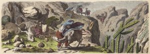 Eine Lama-Karawane, die Erz transportiert, wird in einem Sturm in den Anden gefangen (kolorierte Gravur)