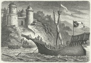 Ein Handelsschiff der Hanse (Gravur) von German School